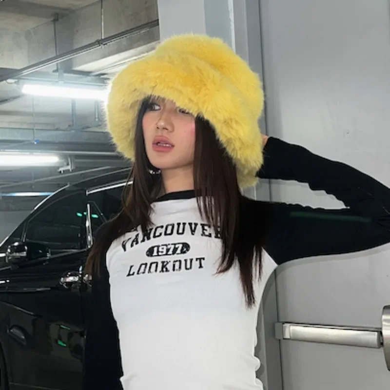 Ins Bright Yellow Imitation Mink Fur Bucket Hats Women Winter Fluffy Plush Basin Caps Female Advanced Warm Sun Panama Korea 250818