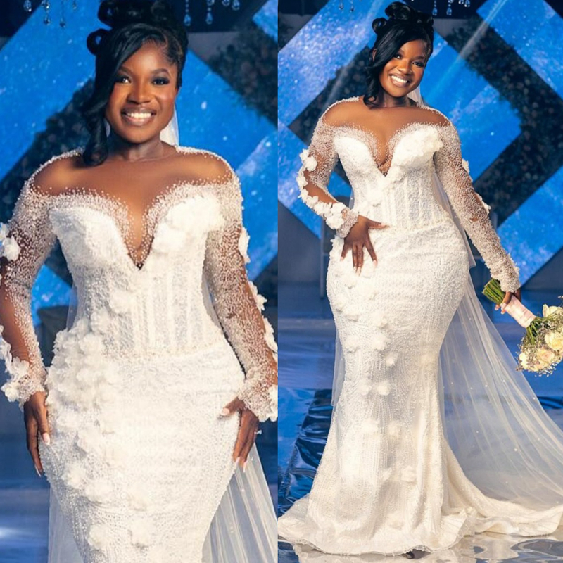Plus Size Off Whit Aso Ebi African Wedding Dress Bridal Gown For Bride Mermaid Wedding Gowns Sheer Neck Long Sleeves Illusion Beaded Lace Flora Brid