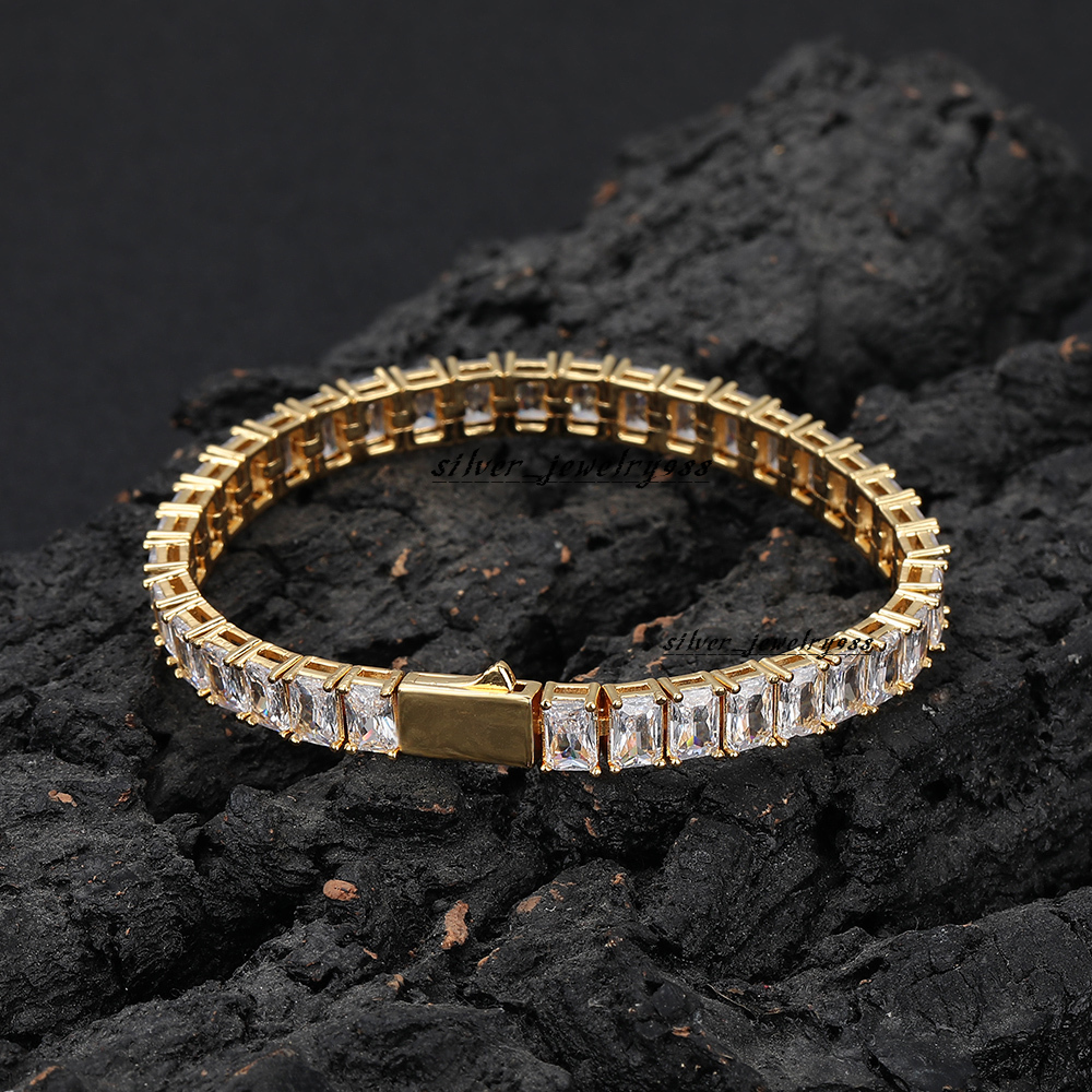 NUOYA 18K Gold Plated 6MM Rectangular Moissaniate Bracelet Full Diamond Hip Hop Silver Tennis Chain Bracelet Fine Jewelry for Gift