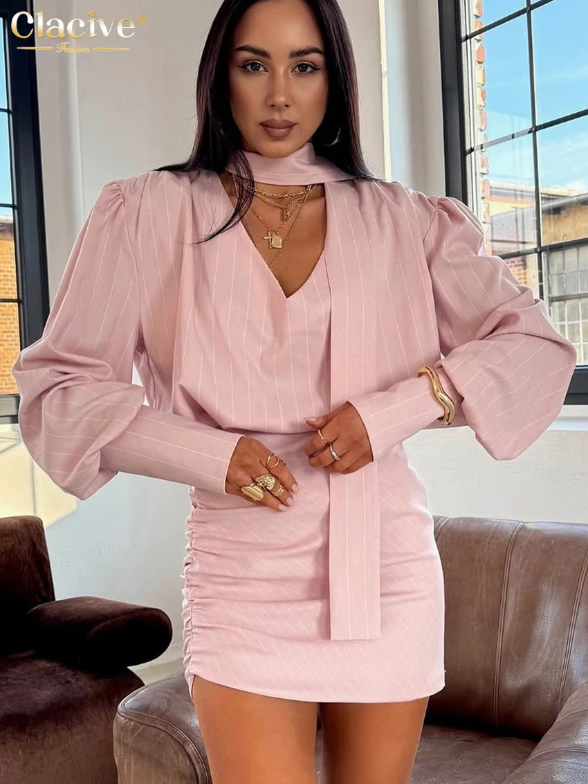 Clove Fashion Slim Stripe Imprimé Femmes Deux pièces Set Elegant Lantern à manches Lanterne avec une taille haute jupe féminine 250823