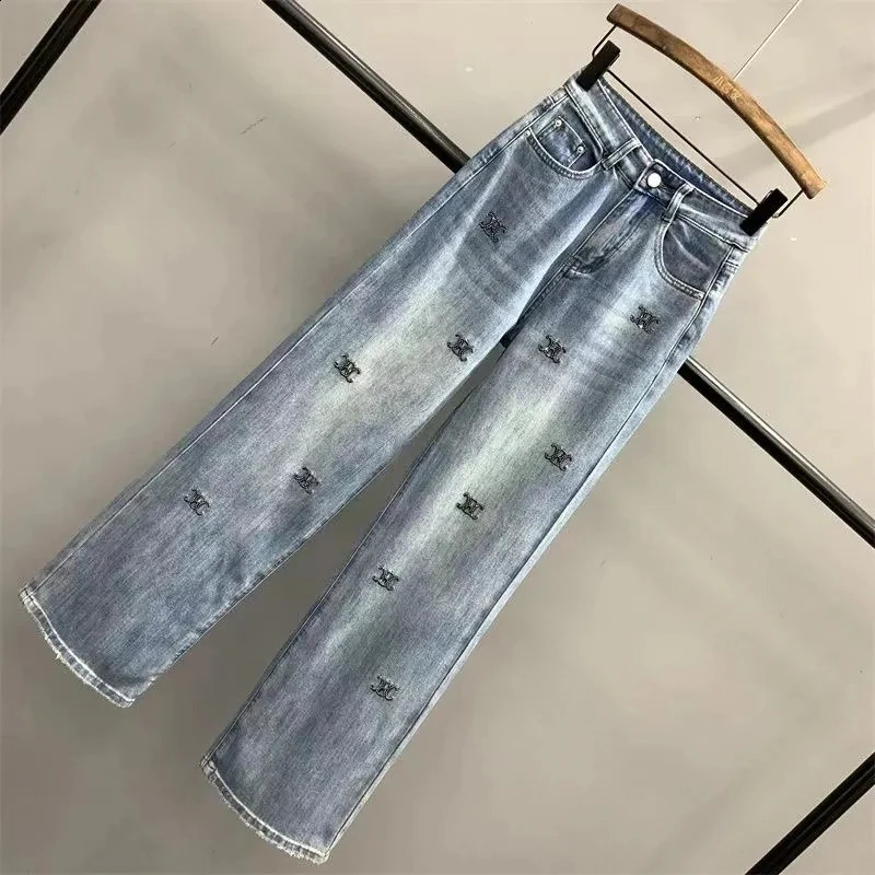 Advanced Summer Light Blue Letter ed Diamond Denim Pants for Women High Waist Loose Slim Wide Leg Jeans 250823