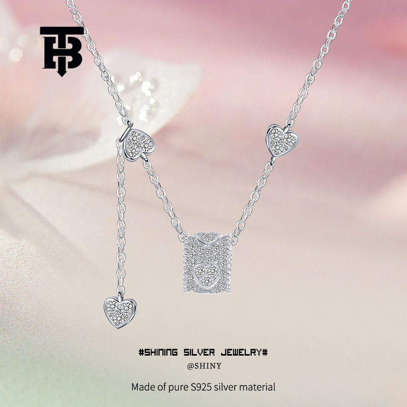 TB BHULAMTE Minimalist Sterling Silver Tassel Necklace, S925 Geometric Heart Pendant Collarbone Chain - 40 cm Snake Chain, Sterling Silver Tassel Ch