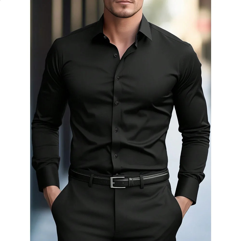 Mens Shirt Solid Color Long Sleeve Smart Casual Four Season Elastic Male Business Shirts 250823