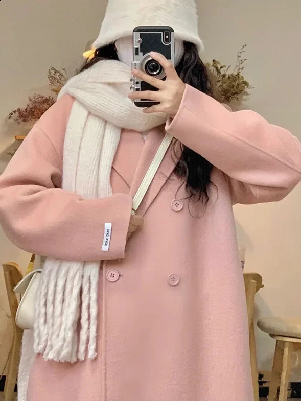 Plus Size Pink Woolen Coat Womens Thickened Autumn Winter Style Hepburn Style Korean System Small Size Winter Outerwear ... 250819