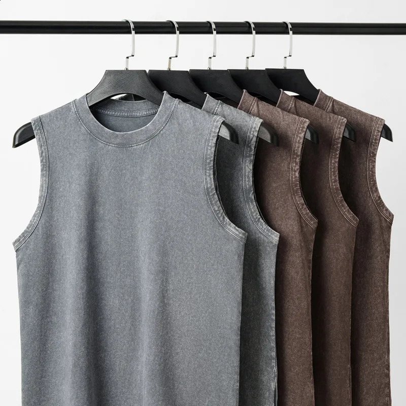 230g Pure Cotton European and American High Street Retro Washed Distressed Sleeveless Vest Mens Casual Loose Shoulder Tshirt 250823