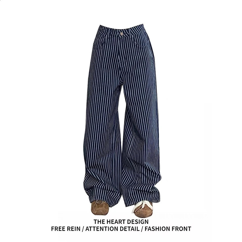 Automne y2k vintage 90S Blue rayé haute taille pantalon de jambe femmes longues lâches pantalons coréens pleine longueur jeans de fond 250823