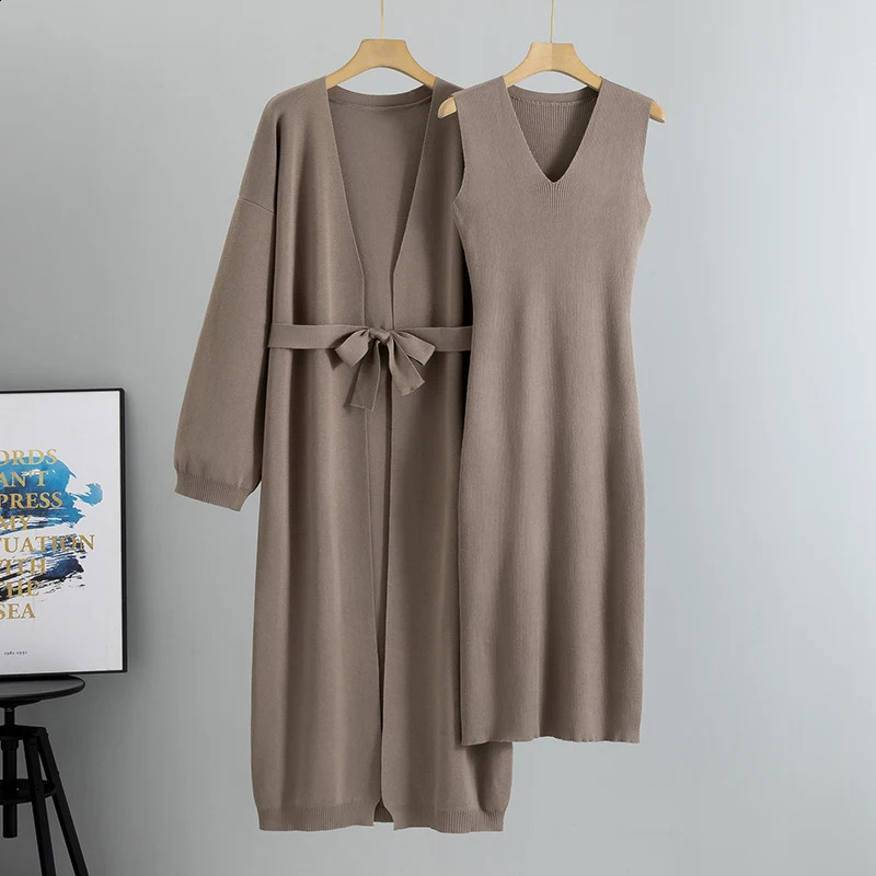 Knitted 2 Piece Sets Women Fashion Cardigan Long Dress Matching Set Casual Autumn Winter Clothing Womens Outfits Suit 250823