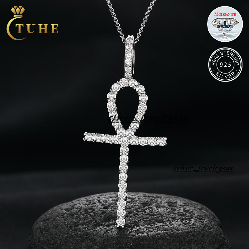 D Color VVS Moissanite Cross Pendant Egyptian Ankh Ice Out Hip Hop Festival Gift Jewelry 925 Sterling Silver Key Pendant