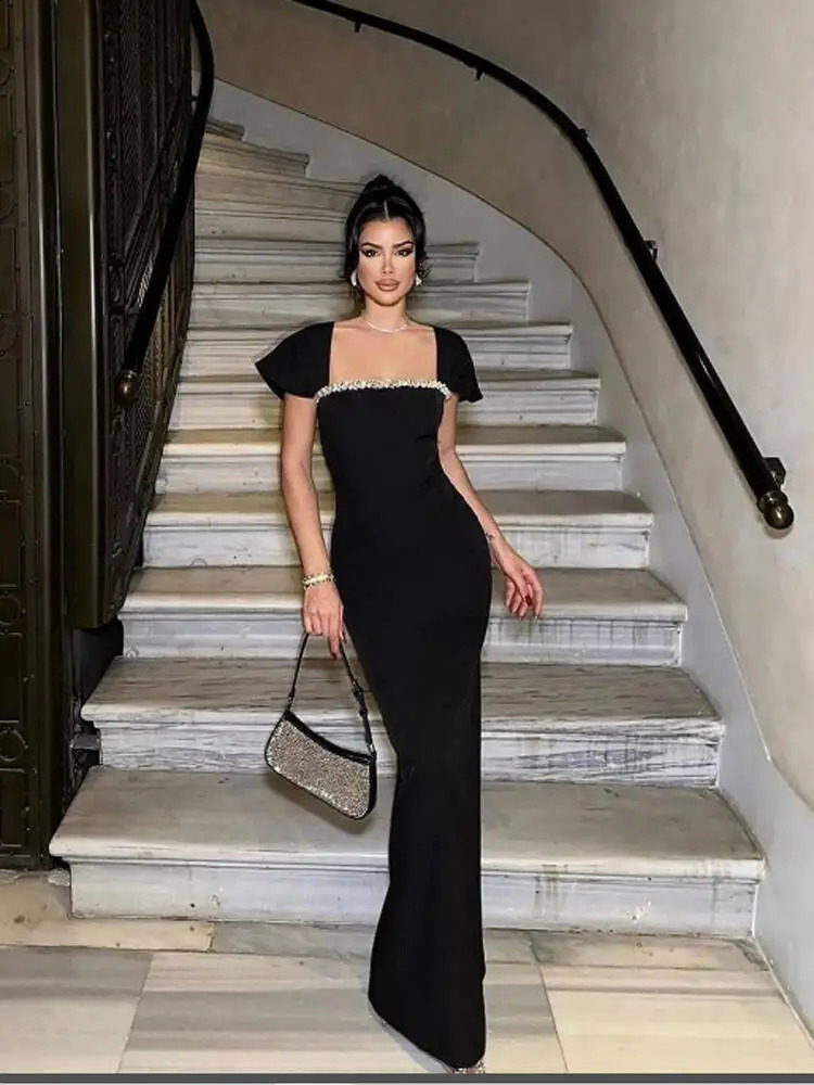 Womens Short Sleevel Square Neck Diamonds Bandage Dress Floor Length Bodycon Fashion Celebrity Party Maxi Dress 250823