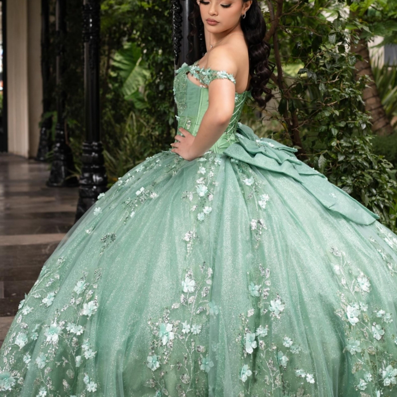 Green Shiny Princess Off the Shoulder Sweet 16 Dress Quinceanera Dresses Applique Flower Beads Bow Tull Party Birthday Vestidos 15 De Anos