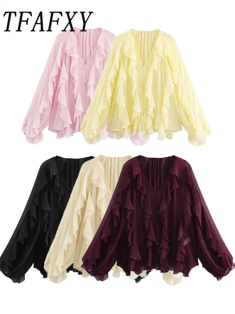 Womens Casual Ruffled Shirt Loose Lace Up Hollow Out V Neck Tops Spring Blouses Women Clothes 250823