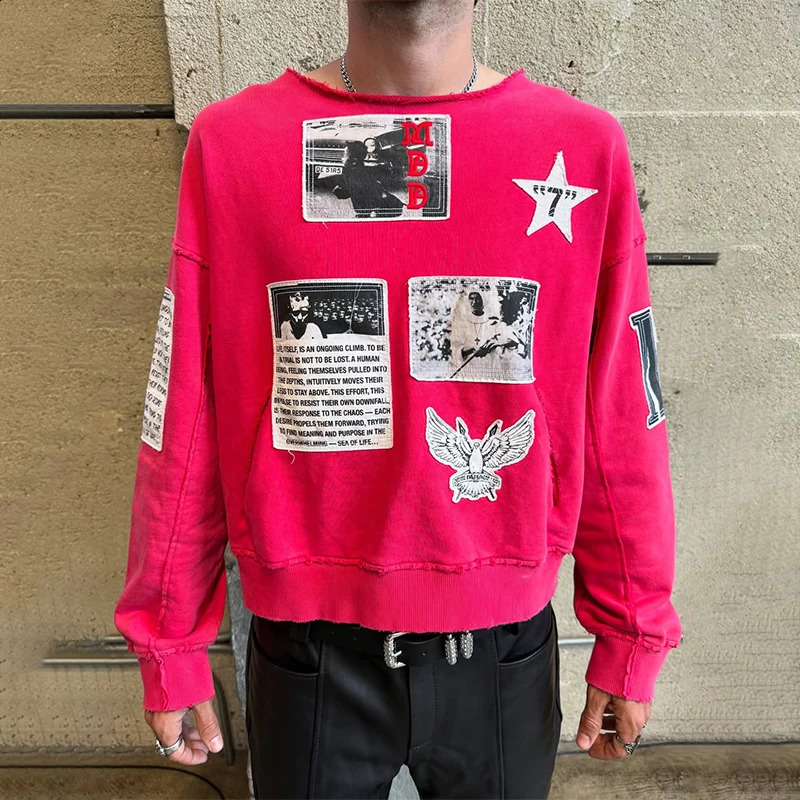 Red round neck long sleeved loose sweatshirt Y2K hiphop American style pocket letter print patchwork men women gothic casual top 250819