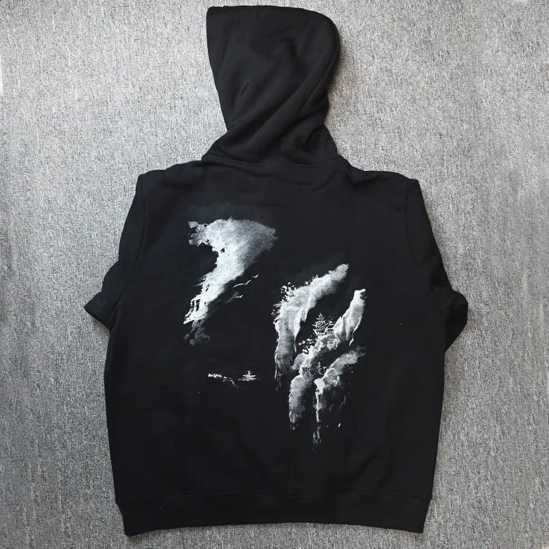 Japanese Style Mens Pullover Hoodies Sweatshirts Autumn Landscape Painting Print Heavyweight Thicken Hooded Outdoor Sportswear 250818