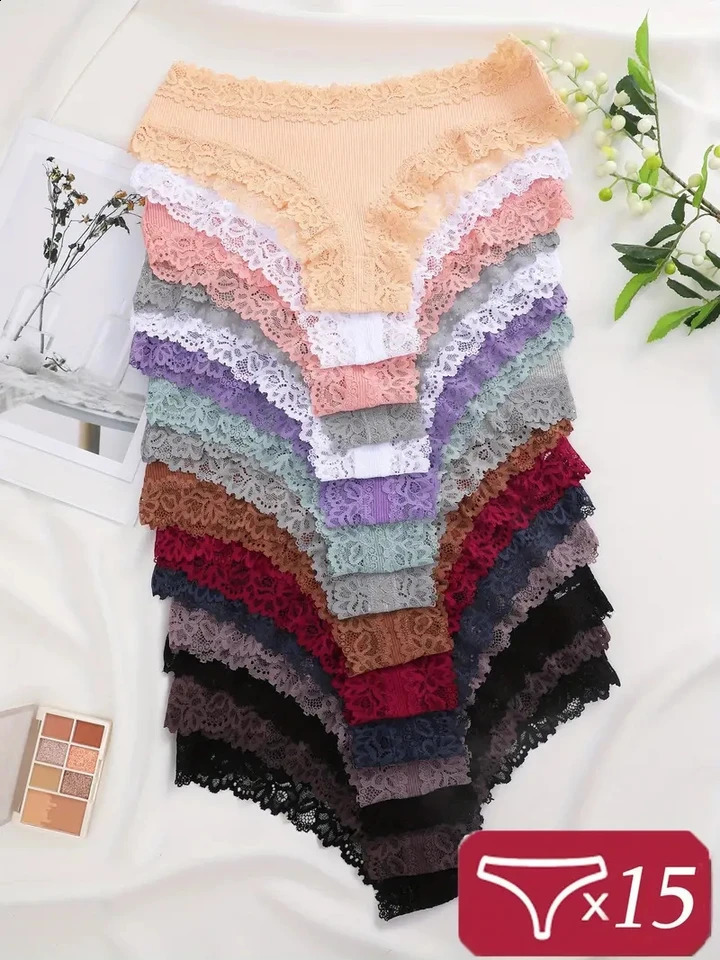 15pcs Femmes Coton Panties Sexy Lace intime Brésilien Brésilien Couleur solide féminine Briefes de dentelle à la mode féminine Soft Underpants250