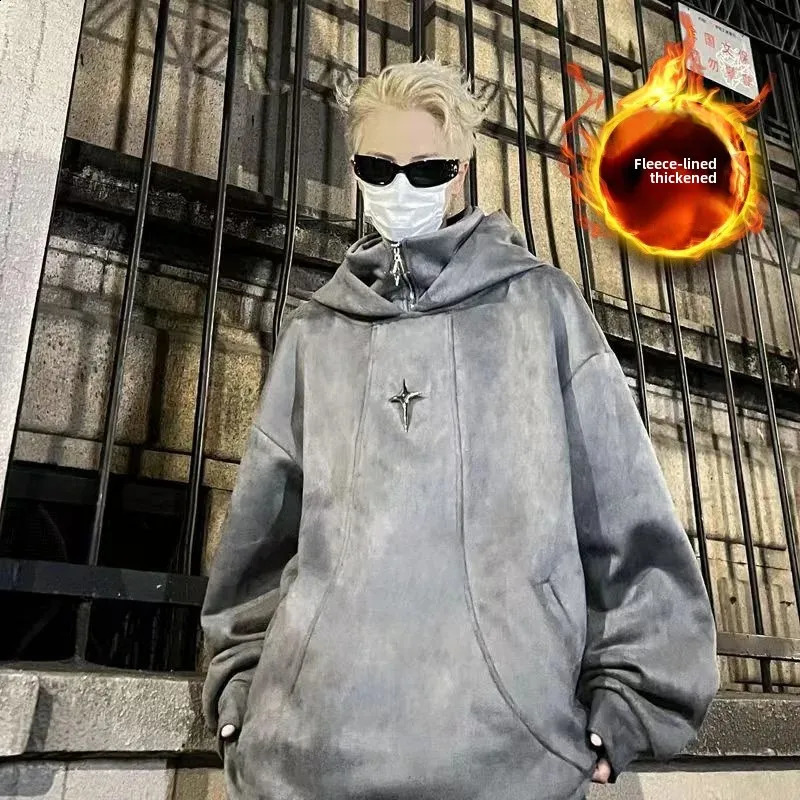 Autumn Mens Heavy Trendy Metal n Hooded Sweatshirt Fashionable Outerwear Street Polo/Turtle Neck Fleece-Lined Jacket 250818