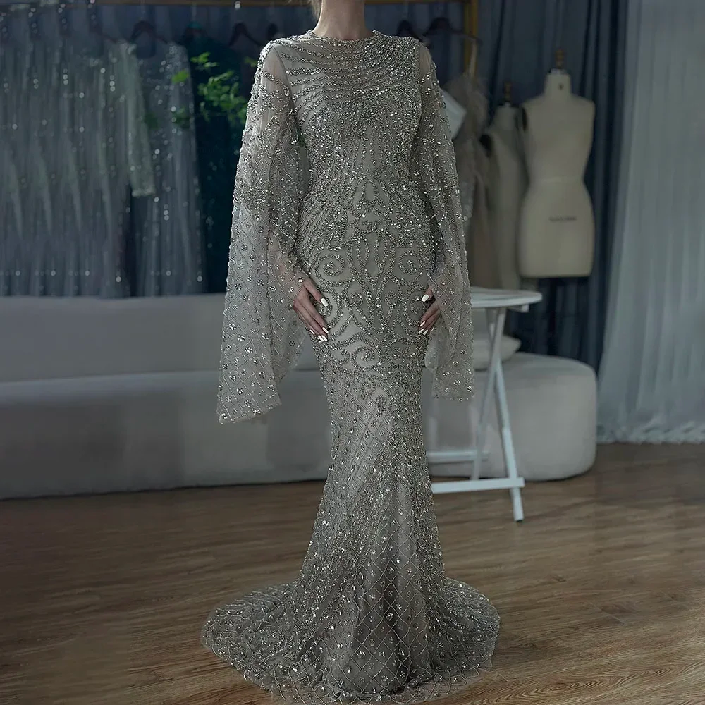 Customized 2025 Flared Sleeves Black Beaded Luxury Mermaid Evening Dress Modest For Muslim Women Party Gown CLA72771