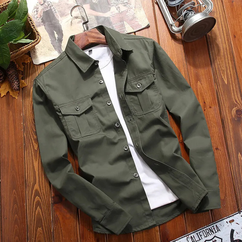 Dress Cargo Shirt Men Regular Fit Long Sleeve Button Down Solid Color Turnneck Plus Size Work men 250823