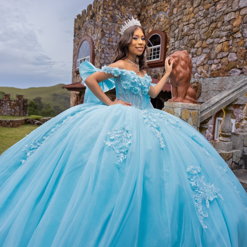 Ciel bleu princesse brillante au large de l'épaule douce 16 robe quinceanera robes appliques perles de fleur bow tull fête d'anniversaire vestido