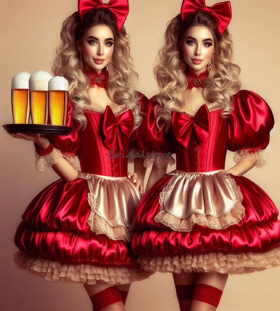 Sexy Red Costume Maid Prom Dress With Apron Lolita Christmas Party Evening Dress Ruffles Lace Halloween Cosplay Formal Wear Homecoming Graduation Ce
