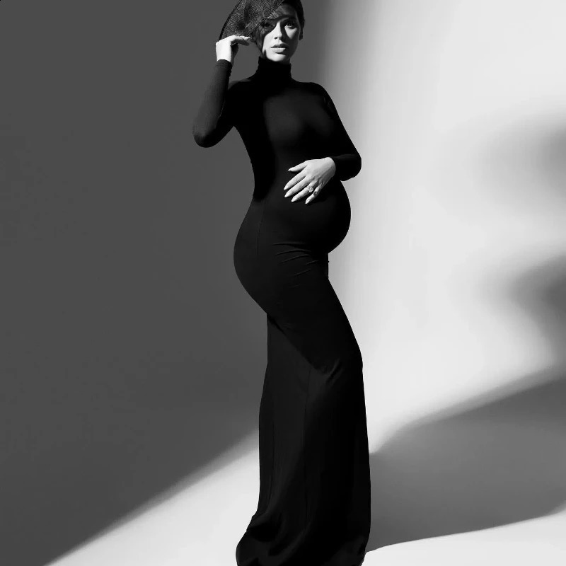 Elasticity Maternity Pography Dresses for Baby Shower Elegant Black High Neck Long Sleeve Dress Pregnancy Poshoots 250823-image-1095442744