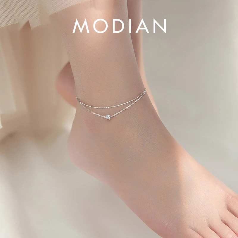 Modian Silver Simple Double Layer Anklets For Women Summer Trendy 925 Sterling Silver Foot Jewelry Fashion Style Leg Bracelet 250818