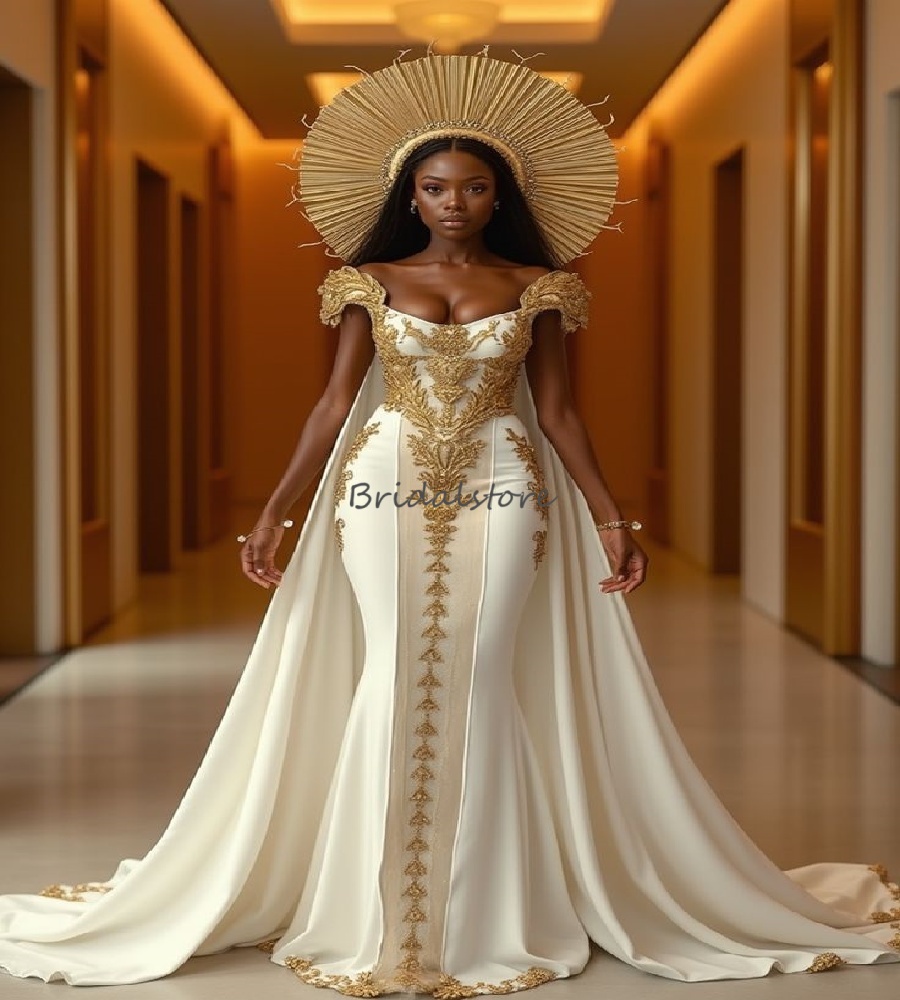 Glamorous Ivory With Gold Mermaid Wedding Dress With Cape Elegant African Nigeria Egyptian Bride Dress 2025 Lace Dubai Gothic Bridal Gowns Robe De M