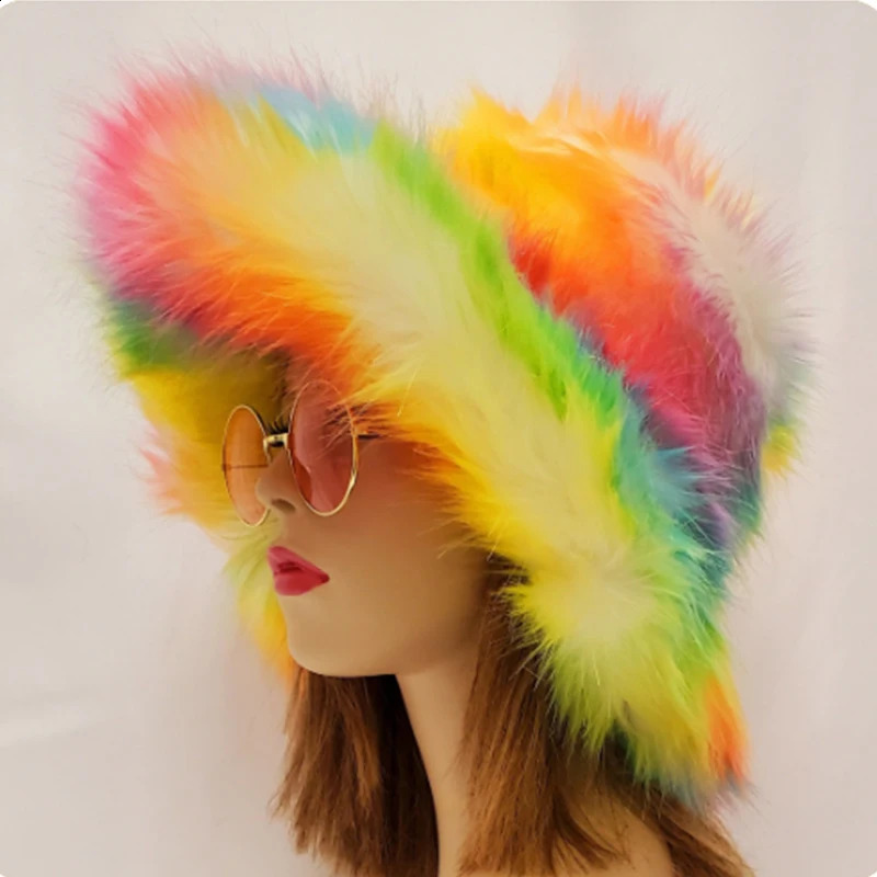 Winter Warm Faux Fur Bucket Hats For Women Girl Big Faux Fur Fluffy Plush Fisherman Caps Fashion Outdoor Ski Hat 250818