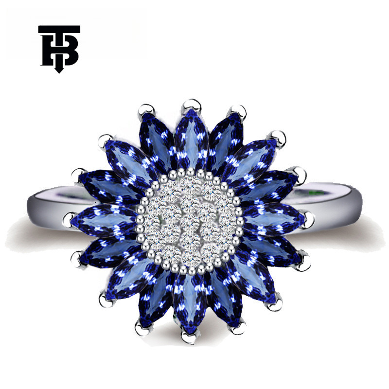 TB BHULAMTE New Hot Selling Blue Sunflower Diamond Ring European And American Creative Retro Women's Accessories Free Shipping Designer Luxury
