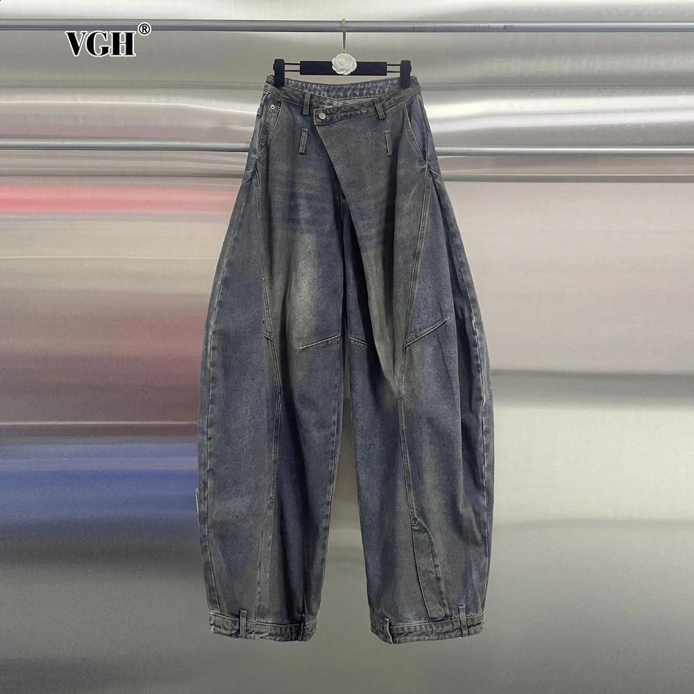 VGH Vintage Distressed Baggy Trousers for Women High Waist Patchwork Folds American Streetwear Denim Pants Female Spring Clothes 250823