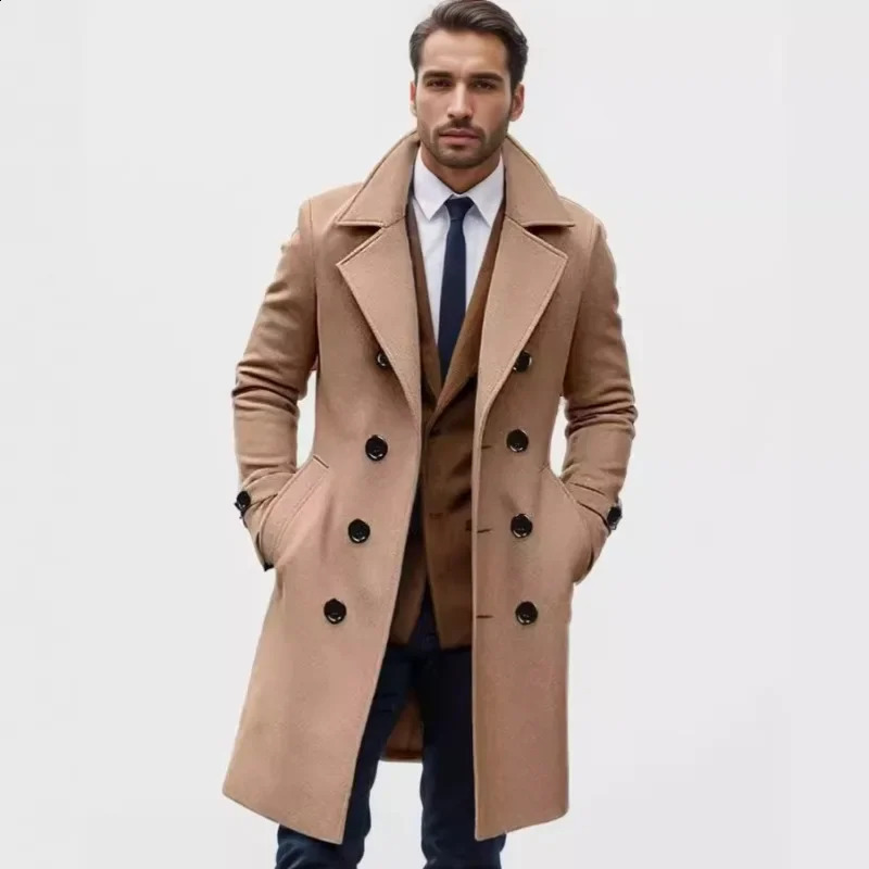 Winter High-quality Thick Long Double Breasted Mens Woolen Coat Slim Fit Woolen Coat 250823