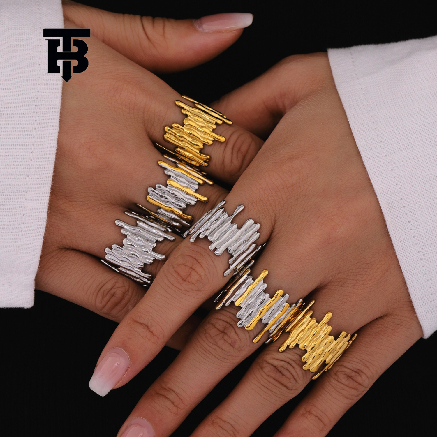 TB BHULAMTE European And American Color Blocked Simple Open Ring Designer Geometric Stainless Steel Irregular Women's Accessories Luxury Jewelr