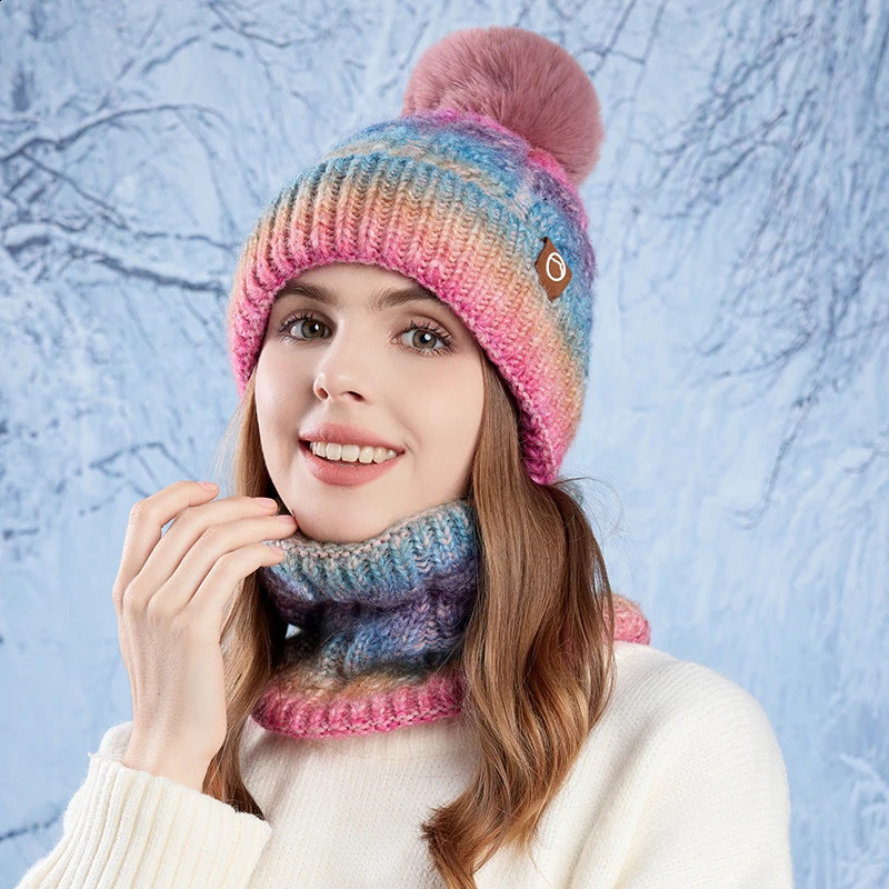 Winter Women Gradient Color Knitted Hat Scarf Set Thickened Fleece Lining Skullcap Outdoor Cycling Wind Protection Beanies Cap 250814