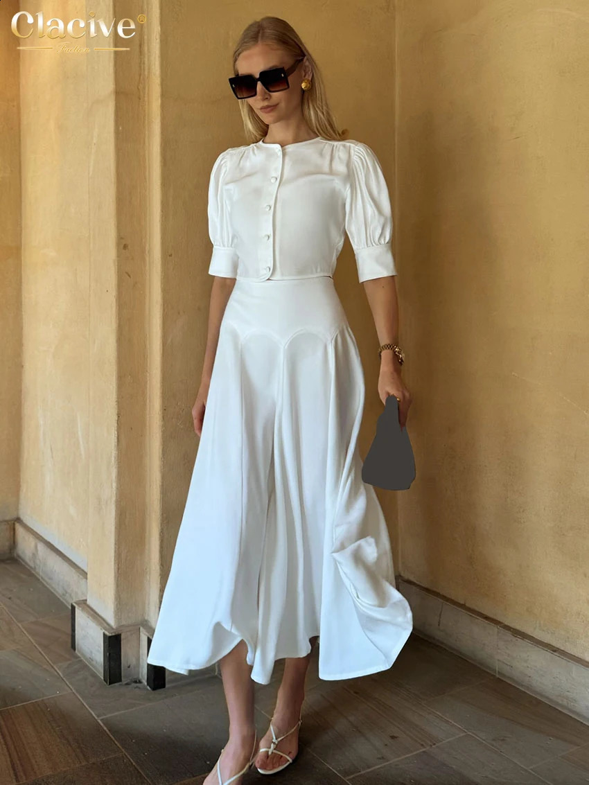 Clacial Summer Slim White Satin 2 Pieces Sets Femme Tenue de mode Fashion Short à manches courte avec taille haute jupe Feme 250823