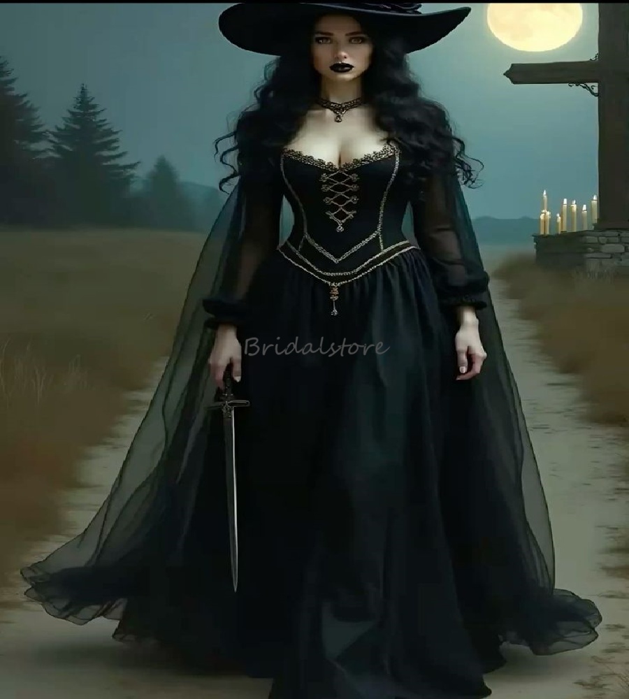 Gothic Witch Black Prom Dress Evil Halloween Costume Dark Academia Evening Dress Cape Long Sleeve Formal Medieval Victorian Noble Sorceress Party Dr