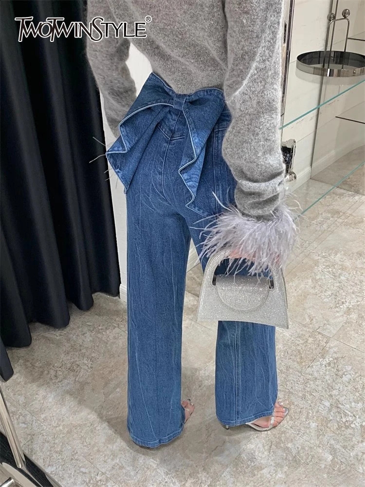 TWOTWINSTYLE Solid ner Patchwork Bowknot Denim Pant For Women High Waist Spliced Button Streetwear Wide Leg Pants Female 250823