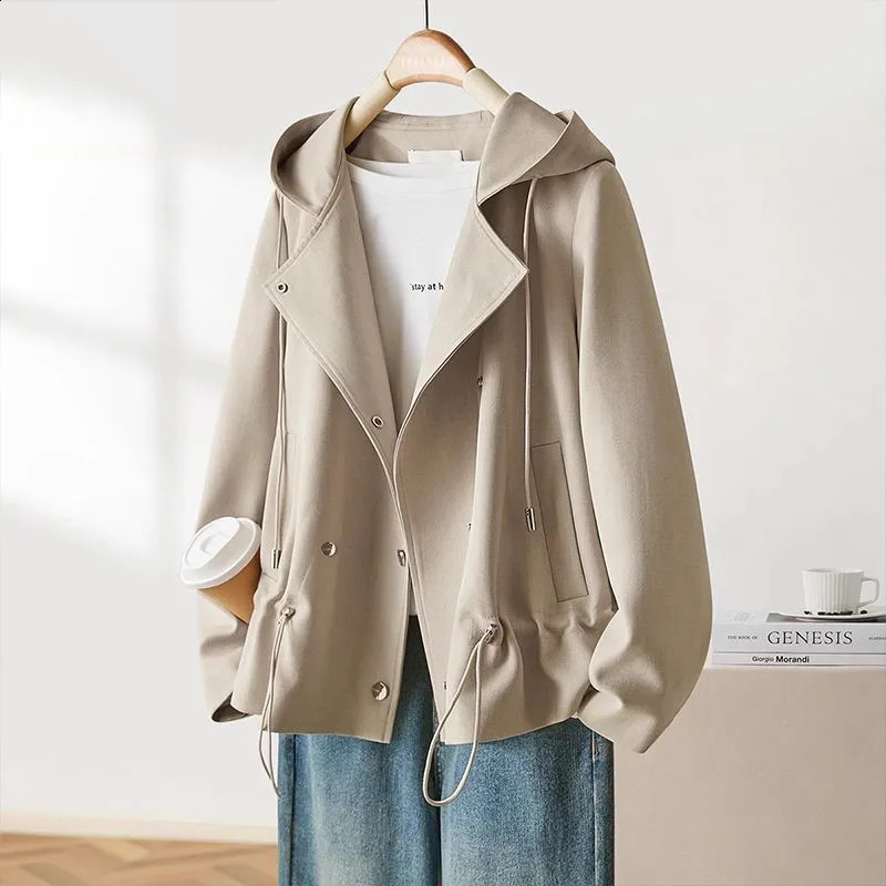 Spring Autumn Jacket Female Hooded Short Windbreaker Coat Ladies Loose Sense Outerwear Niche Overcoat Women Tops 250819