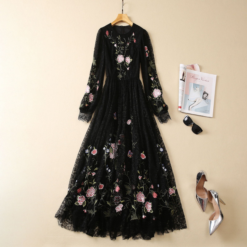 809 XXL 2025 Milan Runway Dress Autumn Short Sleeve Crew Neck Embroidery Brand Same Style Womens Dress Fashion High Quality sh