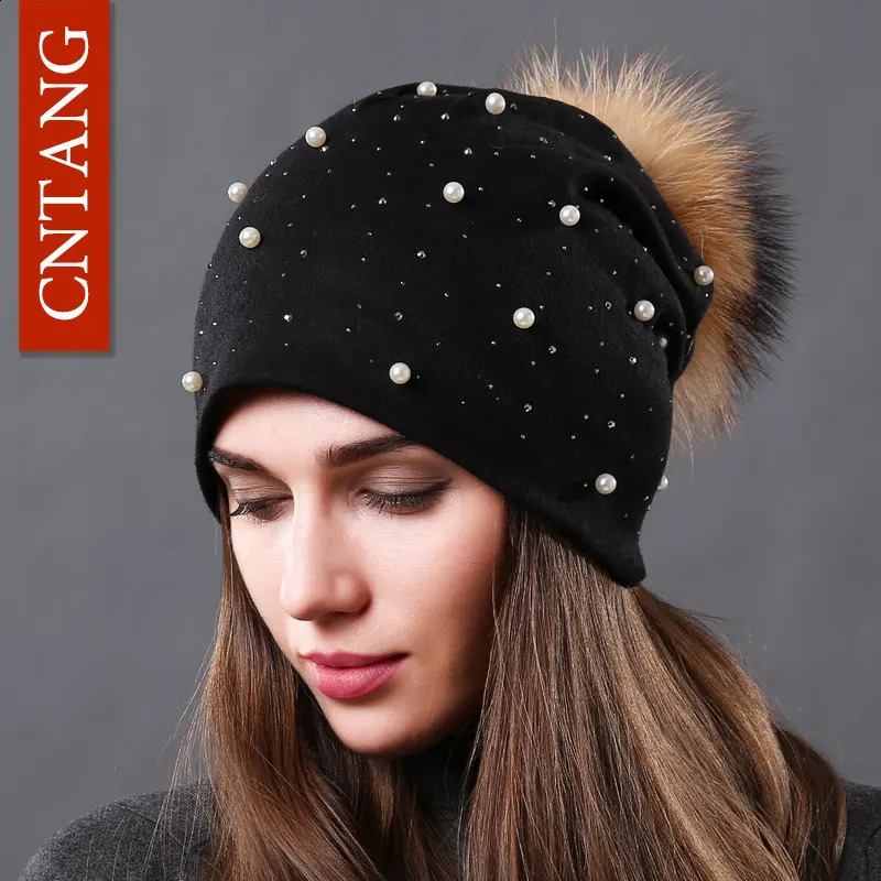 Womens Hat Natural Raccoon Fur Pompom Beanies Autumn Winter Warm Cotton Hats Rhinestone Fashion Caps for Women Multiple Styles 250814