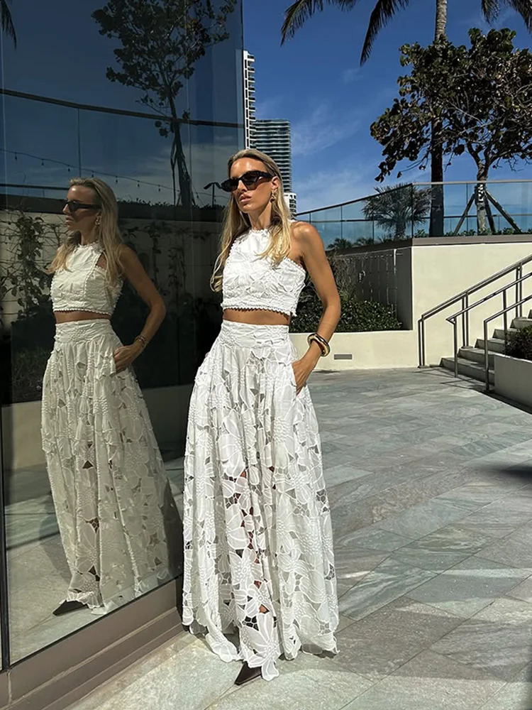 Sexy Vest Skirts Suit Women Sleeveless Oneck Hollow Out Crop Top A Line Long Skirt Summer Fall Fashion Set 2 Pieces Lady 250823