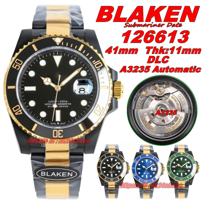 Blaken Luxury Watches 41mm Date A3235 Automatic Mens Watch Ceramic Bezel Black Dial Black DLC Gold Two-tone Bracelet Gents Wristwatches High Quality
