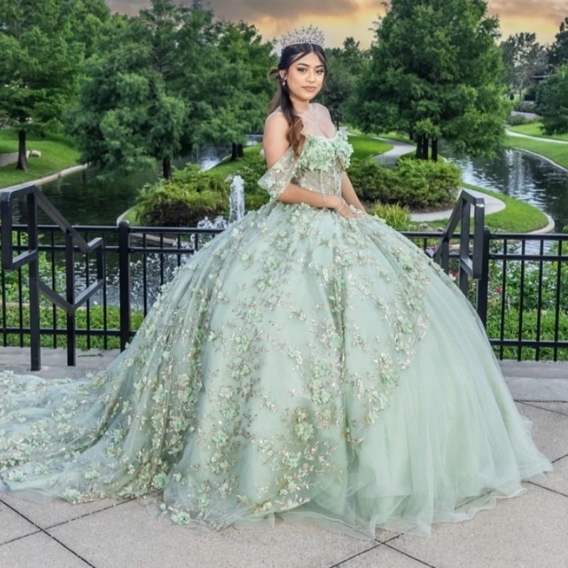 Green Green Shiny Princess Quinceanera Robes de l'épaule Paillettes de fleurs appliques Vestidos corset à lacets 15 Anos Sweet 16 Robe