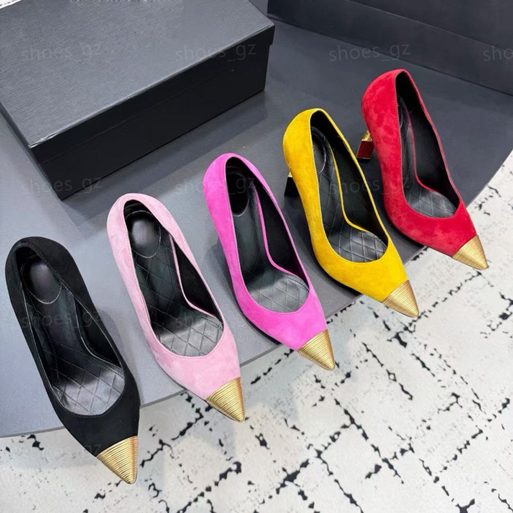 new designer Pointed Toes Metallic Patchwork Pumps Slingback high heels 10cm Embellished heel sandal suede high-heeled shoe women's luxury even