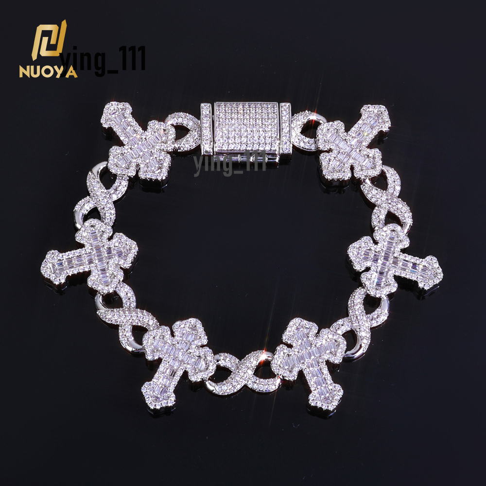 NUOYA Fine Jewelry 15MM Iced Out Chain Gold Plated Flip Lock Cross 8 Character Infinity Charm Bling Moissaniate Bracelet
