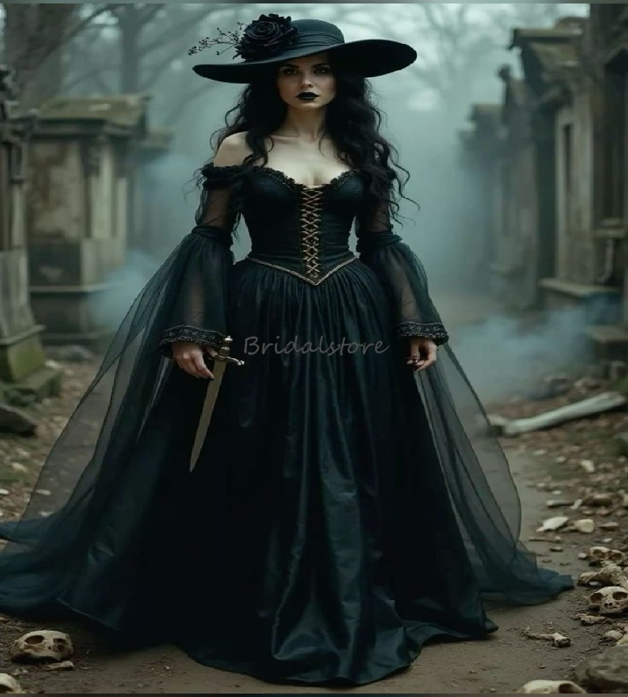 Medieval Gothic Prom Dress Black Long Sleeve Fantasy Witchy Evening Dress Vampire Halloween Costume Formal Dress 2025 Vintage Vestio De Novias Cospl