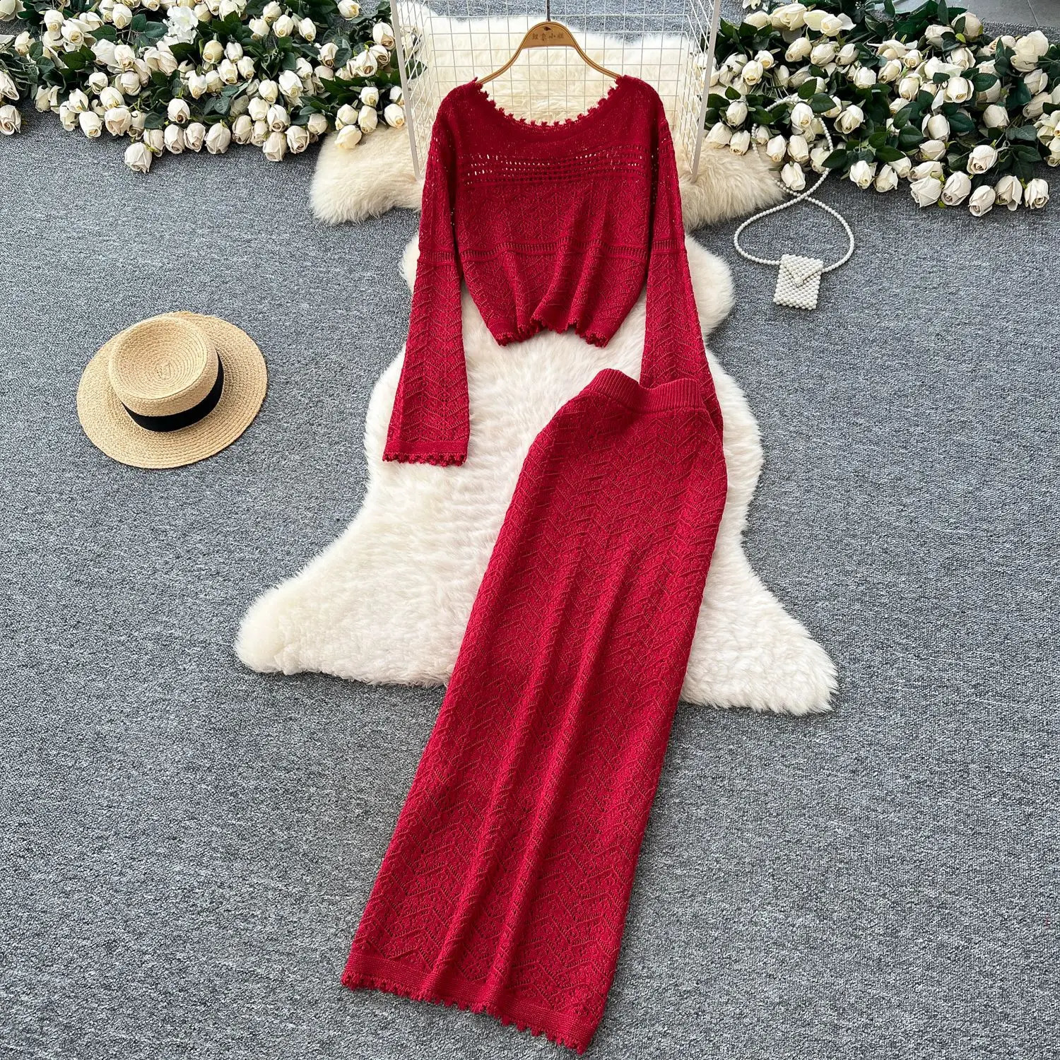 Women Two Piece Sets Skirt Set Knitted Round Neck Full Sleeve Tops Long Skirts A Line High Waist Y2k Streetwear Elegant Splice 250823