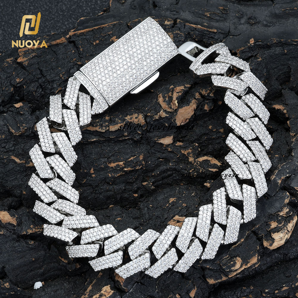 NUOYA Hip Hop Jewelry 16mm Diamond Cuban Chain Inlaid 3 Rows Moissaniate Silver Plated Iced Out Cuban Link Bracelet for Men Women