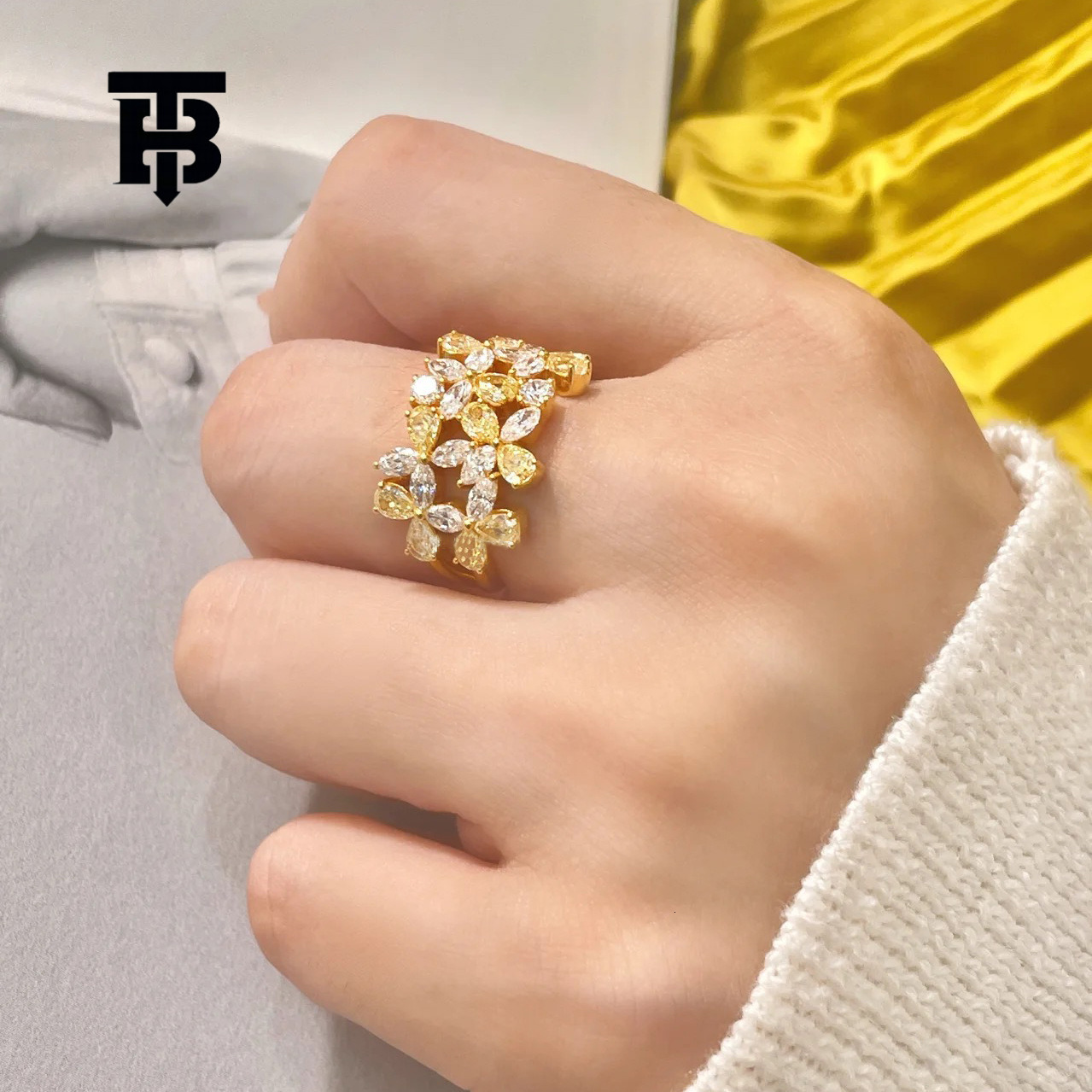 TB BHULAMTE Women's Lolita Open Ring, Yellow Flower Heart Design with Water Drop-Cut Diamond, 18K-Plated Silver-Plated Tin Alloy Designer Jewelry Ac