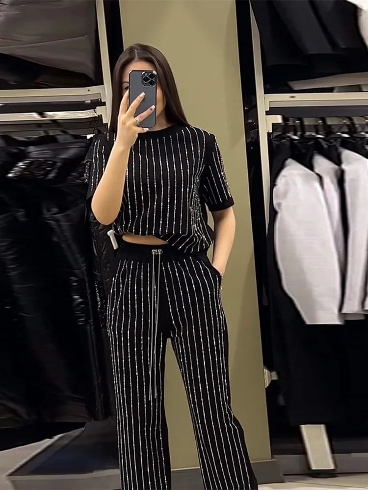 Stripe Patchwork Womens 2 Pieces Oneck Short Sleeve Top Elastic Waist Lace Up Wide Leg Pant Female Outfits Lady Tracksuit 250826