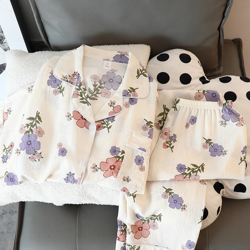 Imprimé de fleur mignon kawaii pyjama home vêtements pour femmes pyjamas automne salon de sommeil à manches longues pant