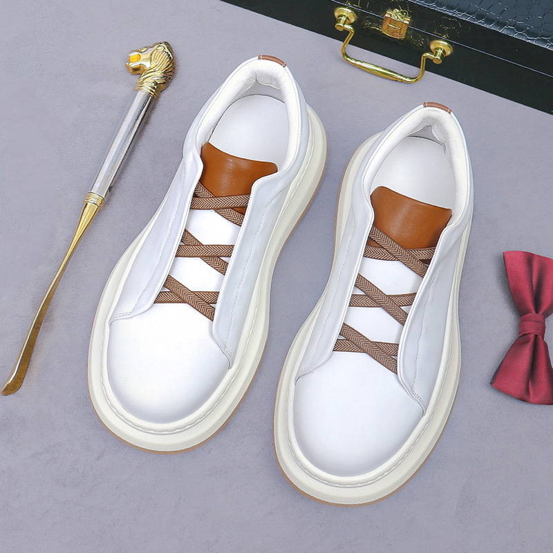 Men's shoes, thick-soled for height increase, white shoes, British style, genuine leather made, handmade upper, high-grade